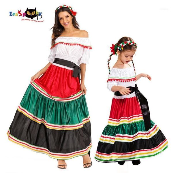 Eraspooky Traditionelles mexikanisches Volkskleid für Damen und Mädchen, Halloween-Kostüm für Kinder, Mexiko, Karneval, Party, Familientanz, Kostüm1