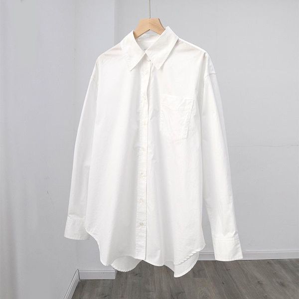 

white women blouse cotton one pocket loose office lady simple shirt 2021 autumn