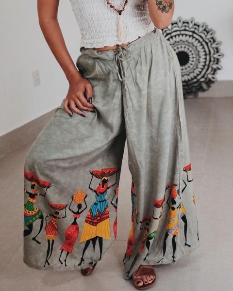

women's pants & capris ethnic casual african printed wide-leg, Black;white