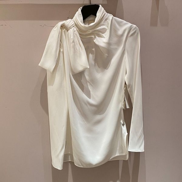 

100% cotton 2021 spring new trend wild irregular fold bow small stand collar long sleeve shirt women eorz, White