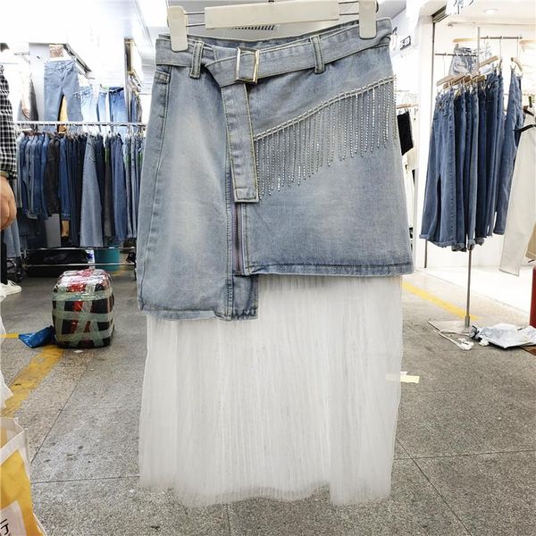 

skirts mesh stitching denim skirt for women 2021 spring summer diamond zipper mid-length high waist hip ladies jean, Black