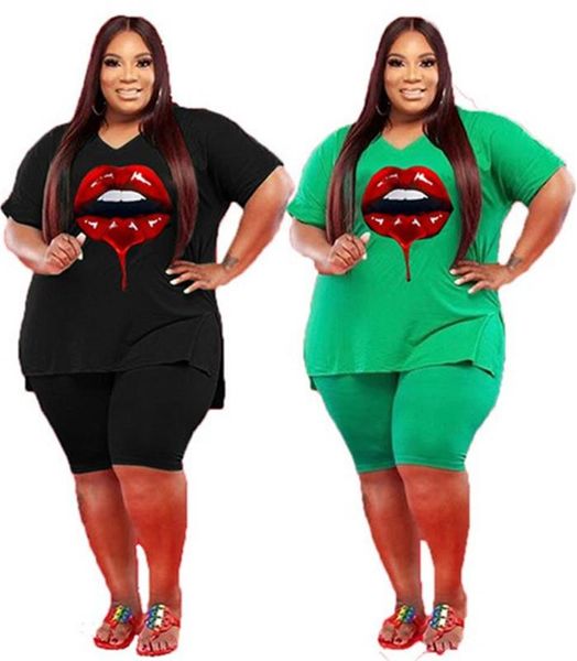 

plus size tracksuits two piece set women wholesale clothing shorts sets casual v neck lips print slip hem crop and pants drop, Black