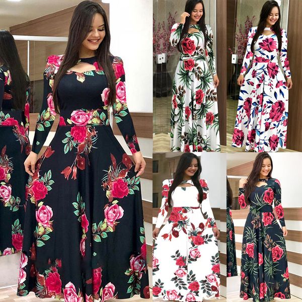 

2021 new elegant autumn womens casual bohemia flower print maxi es fashion hollow out tunic vestidos plus size 5xl kirs w0d8, Black;gray