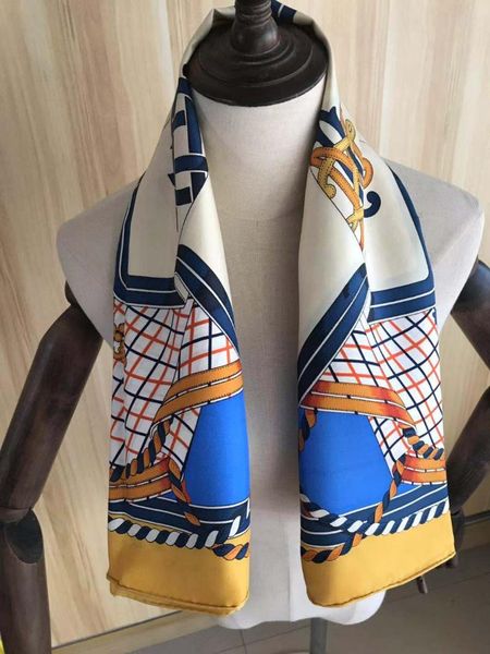 

scarves 2021 arrival winter spring classic chain 100% pure silk scarf twill hand made roll 90*90 cm shawl wrap for women lady, Blue;gray