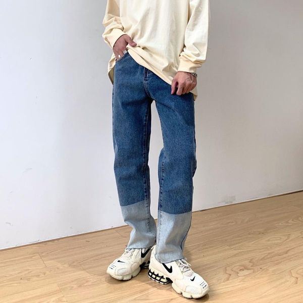 

men's jeans color split joint men loose straight trendy korean fashion baggy women boyfriend wide leg trousers cargo pants, Blue