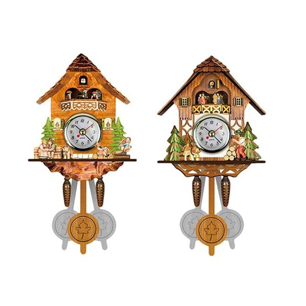 

wall clocks 2 pcs antique wooden cuckoo clock bird time bell swing alarm watch home art decor 002 & 001