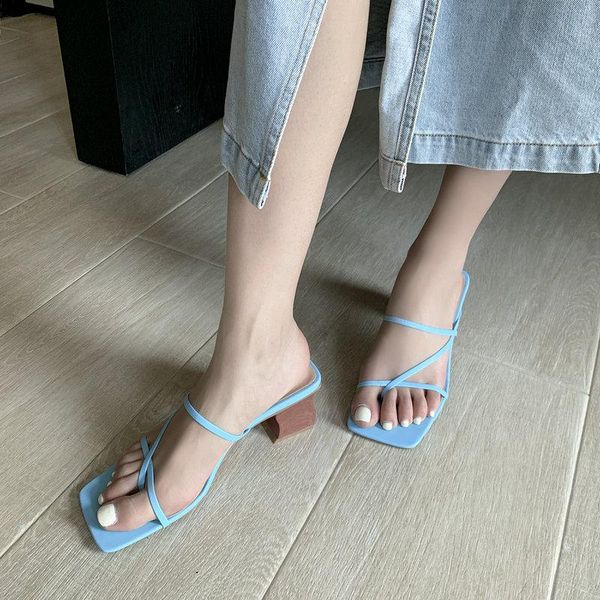 

slippers high heel for women fashion color narrow band summer outdoor flip-flops slides, Black