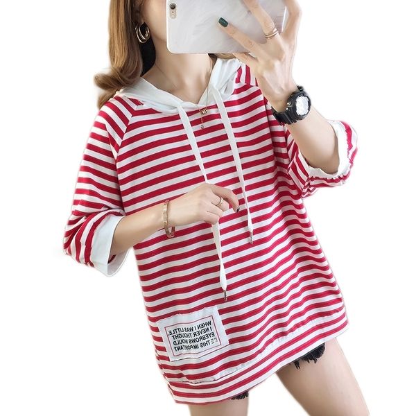 

lucyever fashion striped women t shirt pure cotton hooded spring korean plus size tees casual o neck loose oversize ladies 210315, White