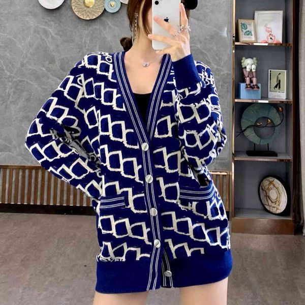 

designer women's knits cardigan blue black v-neck long sleeve full d letter top, White