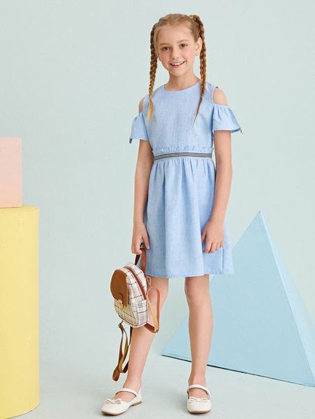 

girls cold shoulder frill striped waist dress she, Red;yellow
