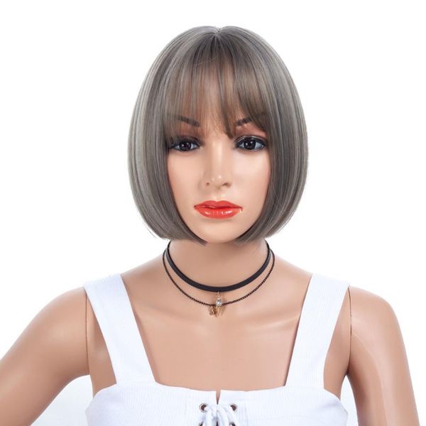 

synthetic wigs natural ombre brown hair short straight bob with bangs for women cosplay heat resistant, Black