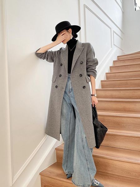 

women's wool & blends double sided cashmere coat middle and long knee length autumn winter 2021 slim thin high-end, Black