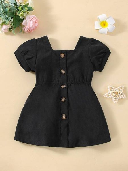 

baby puff sleeve square neck button front dress she, Red;yellow