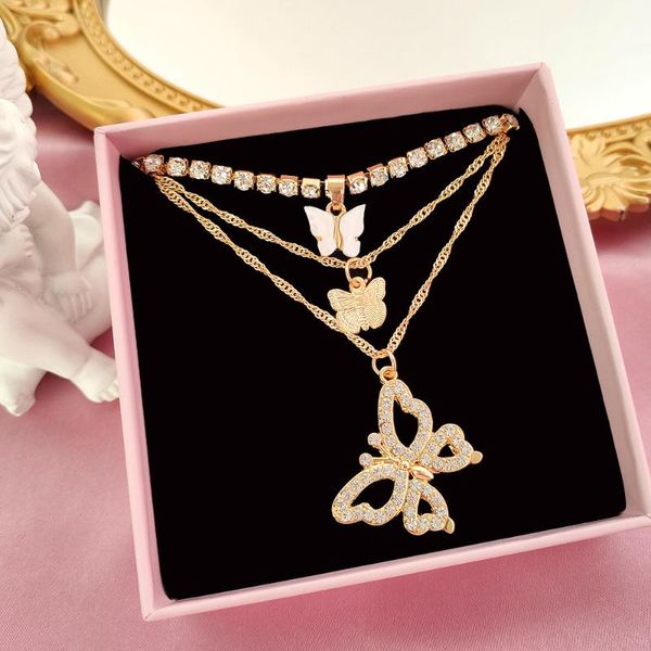 

chains multi-layer retro full rhinestone big butterfly pendant necklaces for women bling crystal tennis chain necklace jewelry gift, Silver