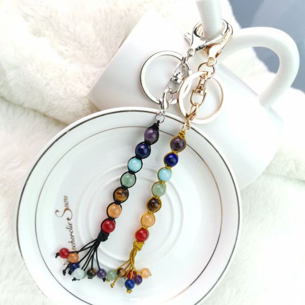 

key chain yoga rainbow seven chakra woven tassel color beads stone, Silver