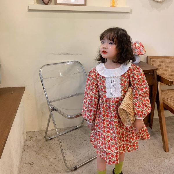 

children 2021 spring and autumn new girl lace little flower princess dresses toddler kids air fashion long sleeve cotton dress, Red;yellow
