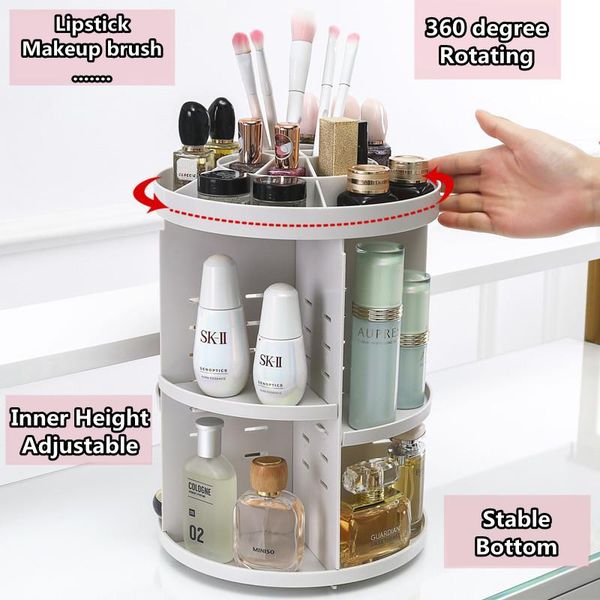 

storage boxes & bins 360 degree rotating table makeup organizer inner height adjustable rack assembly cosmetics holder skin care case