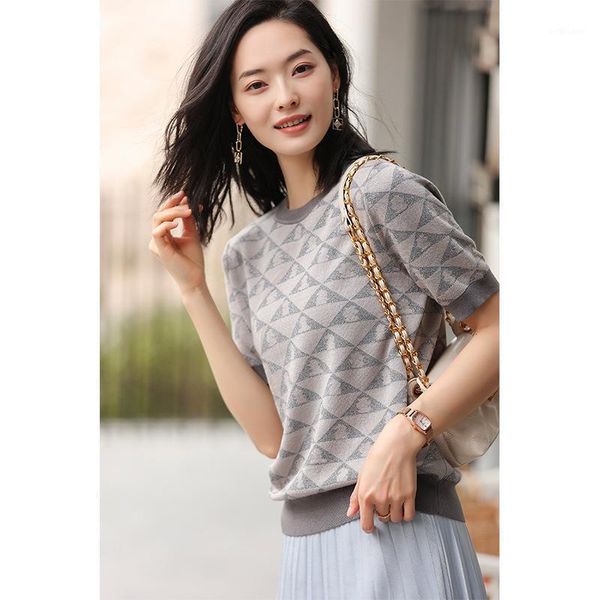 

women's t-shirt summer knit fashion geometry women clothes 2021 half sleeve o-neck casual patchwork elegant slim thin cool tees, White