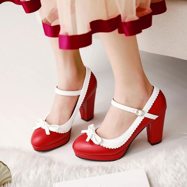 

dress shoes ymechic 2021 lolita mary jane woman high heels platform butterfly-knot lovely women pumps plus size party girl red, Black