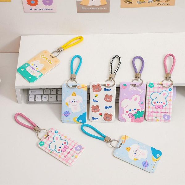 

card holders portable id badge holder cartoon cute pocket case wallet keychain key ring for women men, Brown;gray