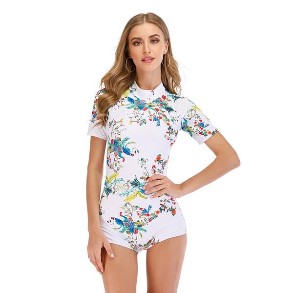 

2021 white printed swimwear one piece swimsuit women short sleeve swimming bodysuits one-piece high neck bathing suit
