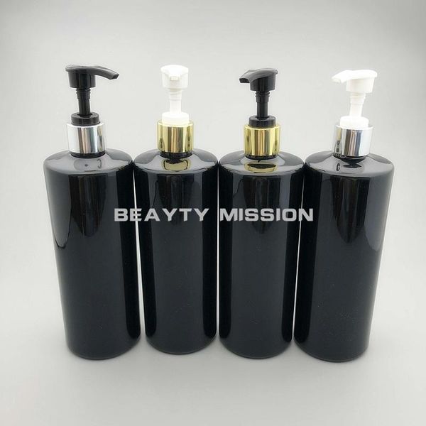 

500ml 12pcs empty black plastic lotion shampoo bottle , 500cc cosmetic container with gold/silver electrified aluminum dispenser