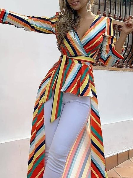

women elegant colorful striped ruffles dip hem blouse 2021 summer leisure long asymmetrical casual shirt female vacation long top, White