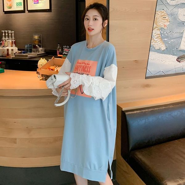 

maternity dresses 2021 spring pregnant women fashion loose dress side split hollow out lace ruffle sleeve patchwork cotton, White