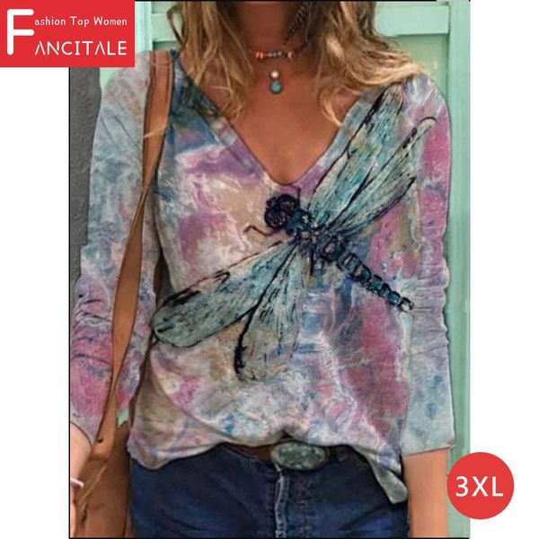 

women's t-shirt fashion 2021 butterfly dragonfly print spring women t-shirts v-neck casual ladies comfort teens clothes valentines day, White