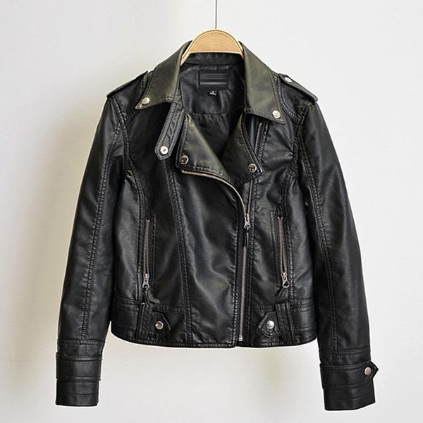 

women spring autumn black faux leather jackets zipper basic coat turn-down collar motor biker motorcycle jacket f111802 women's &