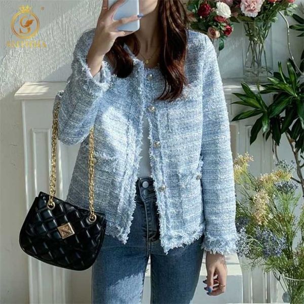 

hma fashion spring autumn tweed jacket single breasted elegant office lady woolen coats casual vintage outwear 211014, Black;brown