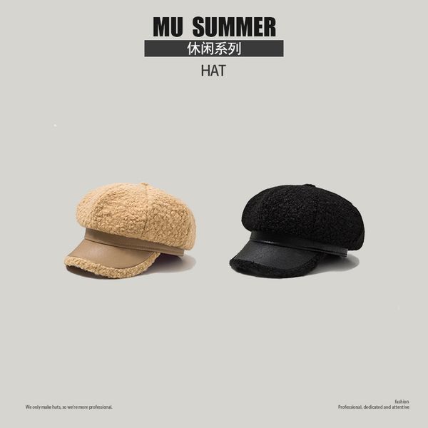 

ins literary lamb wool octagonal female autumn winter warm painter duck tongue hat, Black;white