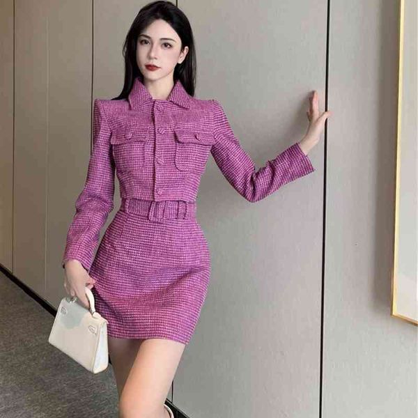 

two piece dress women's fashions for autumn and winter, elegant chess with long sleeves, tweed + mini skirt, ladies'clothing offic, White