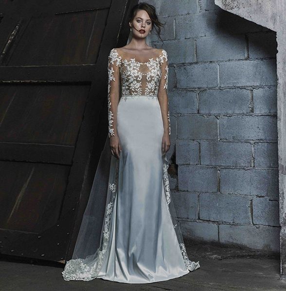 

2021 new long sleeve mermaid wedding es beach lace appliques illusion princess bridal party gowns bodice backless vestido de mariee m204, White
