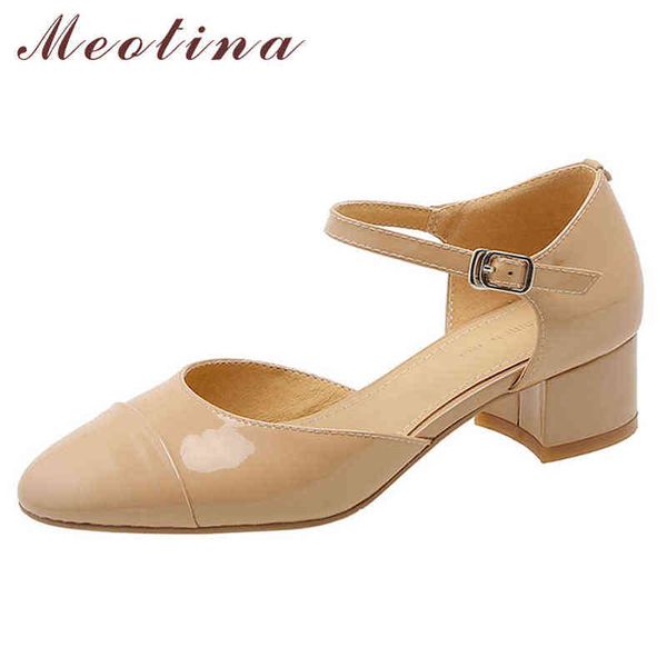 

women's thick heels ankle strap shoes leather buckle and round head for 2 9, Black