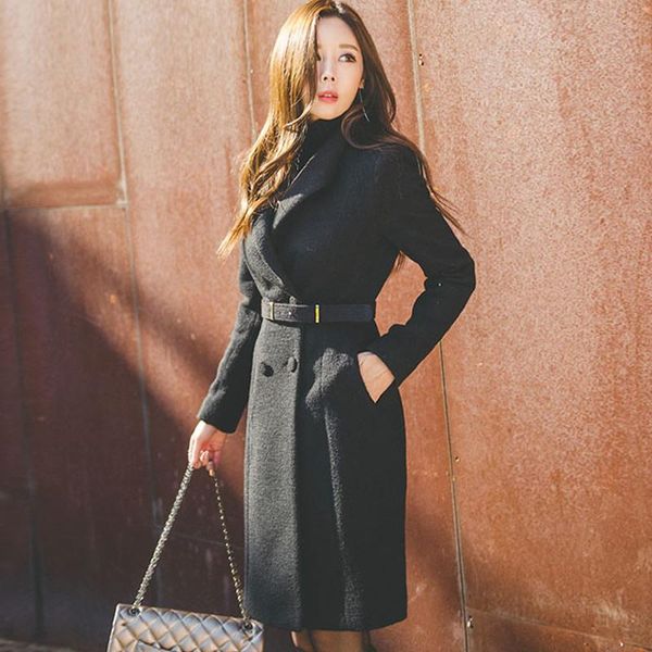 

women's wool & blends 2021 winter think coat belt double breasted long blazer black notched woolen women outwear