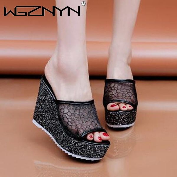 

slippers women platform shoes summer wedges 2021 silver gold rhinestone wedding high heels slides slipper, Black