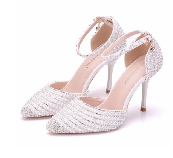 

dress shoes rhinestone pearl bridal 9cm stiletto pointed high heels wedding banquet stage performance women sandals, Black