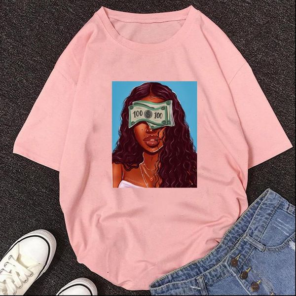 

make money not friends print summer black girl women pink tshirt femme melanin shirt female vogue casual t shirt, White