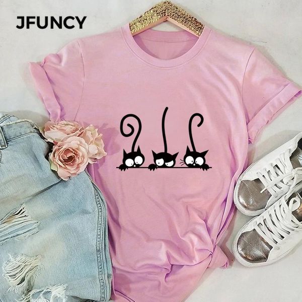 

women's t-shirt jfuncy plus size female tshirt 100% cotton t shirts women short sleeve tees summer loose cute cat print woman, White