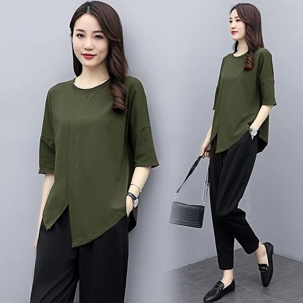 

2021 new summer middle aged women cotton fashion tracksuit causal o neck two piece slim suit plus size 4xl pants set w211, Gray