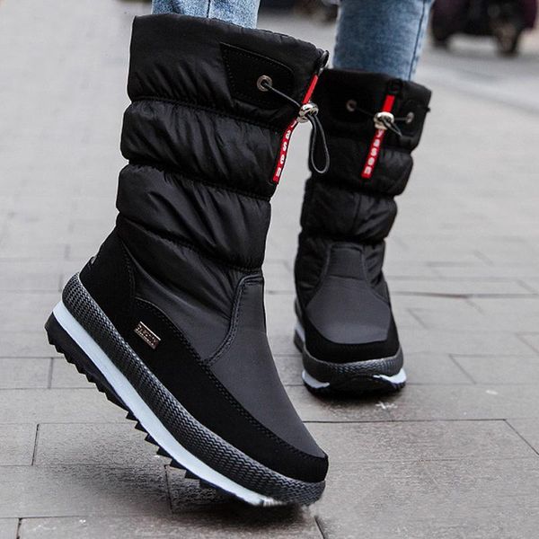 

boots winter snow women high-tube cotton waterproof non-slip plus velvet ladies round toe large size platform shoes, Black