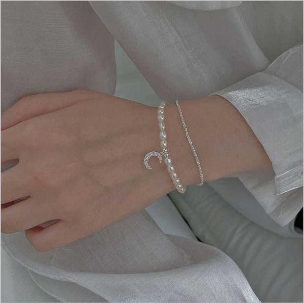 

link, chain pearl moon pendant bracelet female summer sparkling light luxury, Black