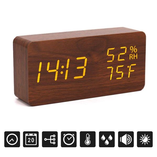 

digital alarm clock wood led adjustable brightness voice control desk wooden alarm clock with day date temperature