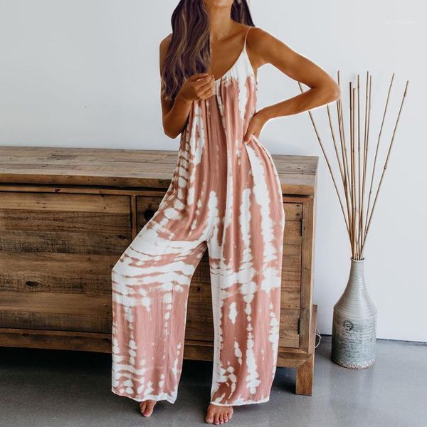 

women's jumpsuits & rompers 2021 fashion women tie dye camisole long jumpsuit sleeveless v-neck wide leg one piece playsuit streetwear, Black;white