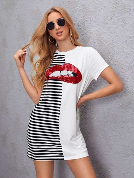 

sequin lip stripe print tee dress b2b7#, Black;gray