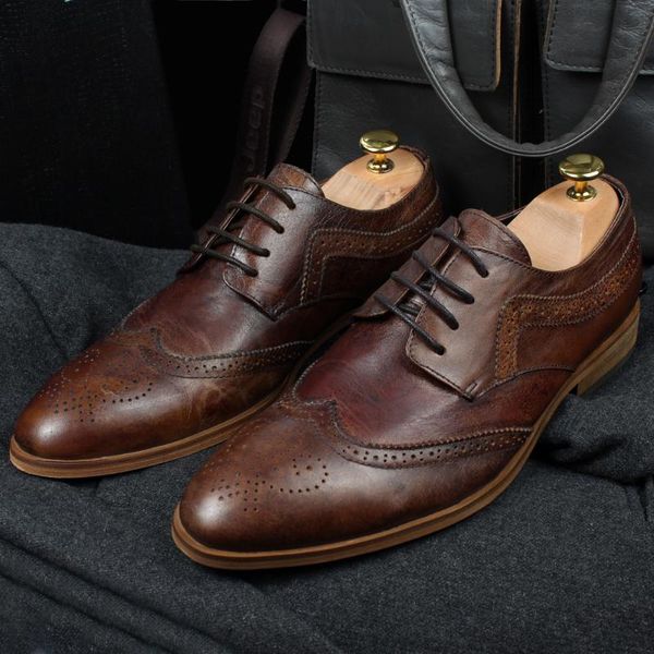 

dress shoes goodyear carved brogue flat heel real leather fashion mens formal business shoe, Black