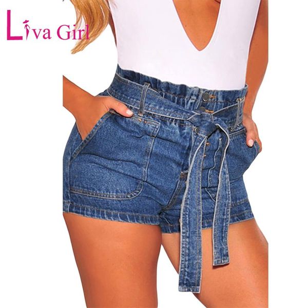 

liva girl summer blue denim shorts high waist jeans shorts with pockets sash belt plus size woman bottoms casual short denim, White;black