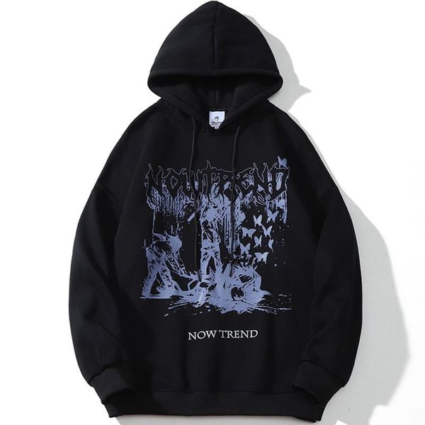 

men's hoodies & sweatshirts abstract print plus velvet hooded sweater dark loose cotton vintage hoodie male harajuku fashion all-match, Black