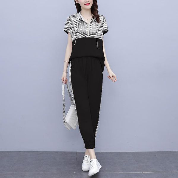 

plus size tracksuits casual sports 2 pcs/set women summer print fashion short sleeve + ankle-length pants two piece set women's suits, Black